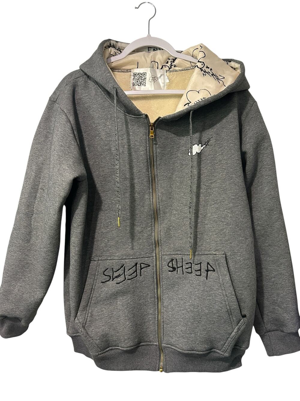 SLEEP SHEEP Plaine Hoodie Gray Sherpa Lined Full Zip Jacket M Streetwear Casual